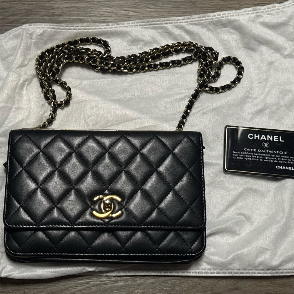 CHANEL Black Quilted Leather Wallet On Chain Bag with Gold Chain